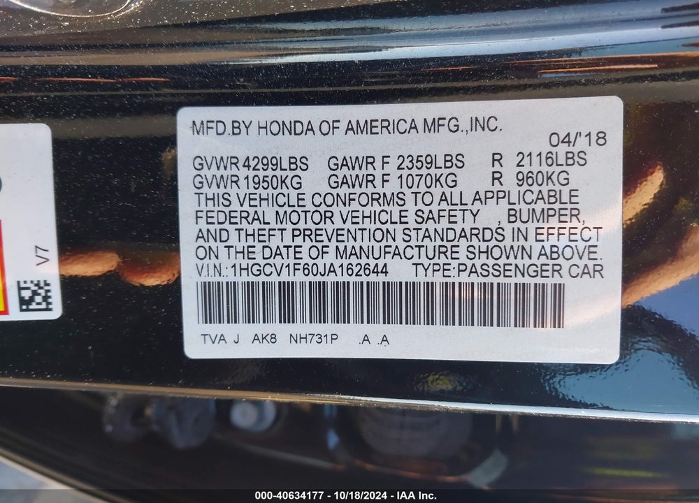 2018 HONDA ACCORD EX-L VIN: 1HGCV1F60JA162644