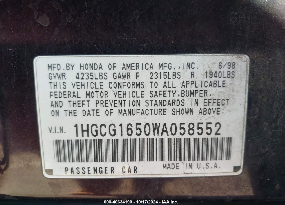 1998 HONDA ACCORD EX V6 VIN: 1HGCG1650WA058552