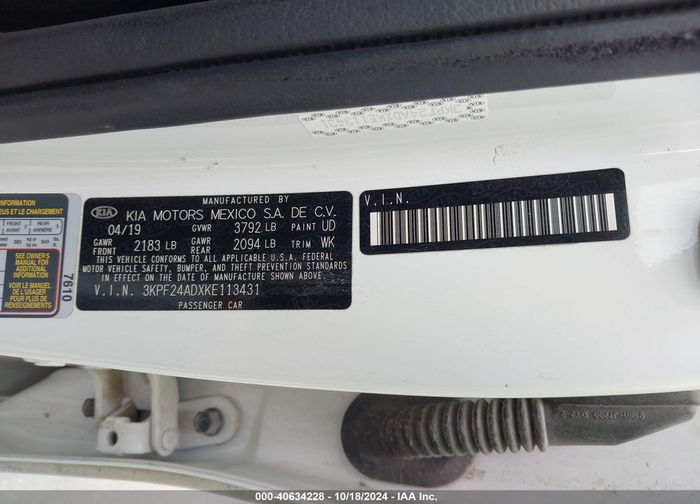 2019 KIA FORTE LXS VIN: 3KPF24ADXKE113431