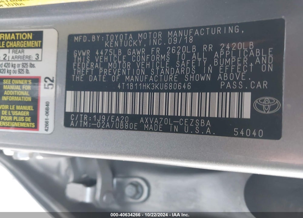 2019 TOYOTA CAMRY SE VIN: 4T1B11HK3KU680646