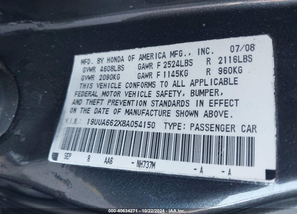 2008 ACURA TL 3.2 VIN: 19UUA662X8A054150