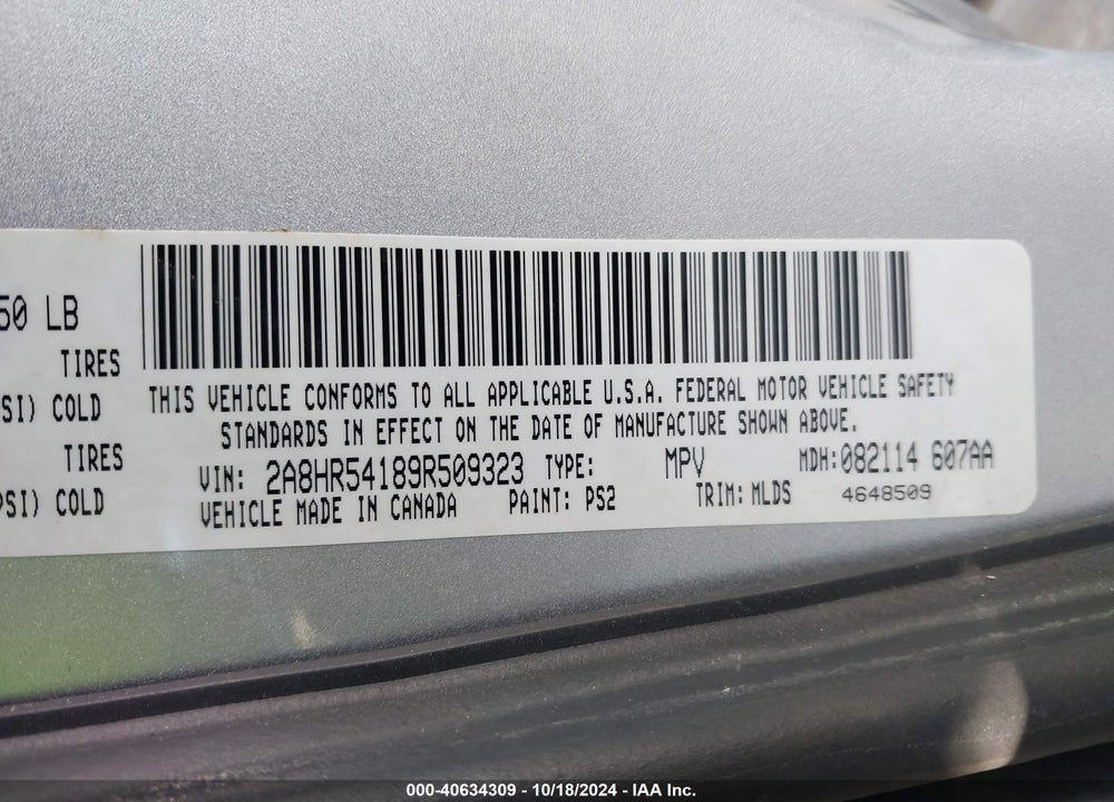 2009 CHRYSLER TOWN & COUNTRY TOURING VIN: 2A8HR54189R509323