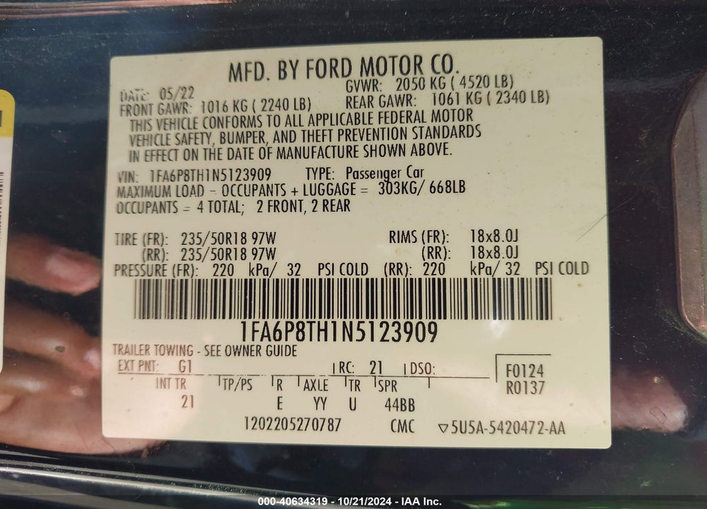 2022 FORD MUSTANG ECOBOOST VIN: 1FA6P8TH1N5123909