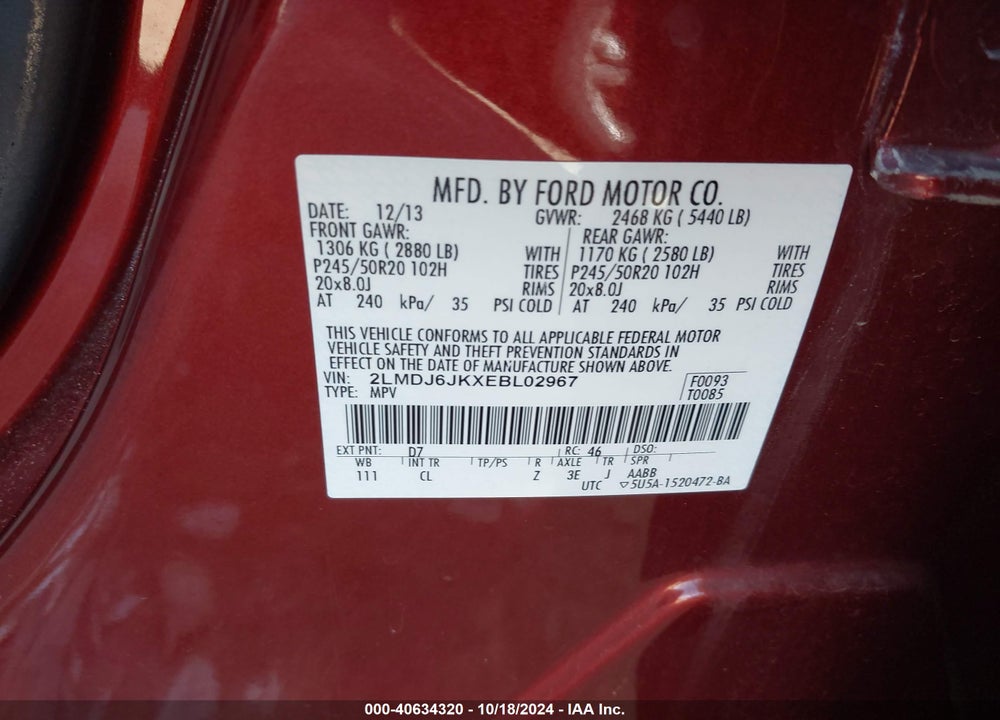 2014 LINCOLN MKX VIN: 2LMDJ6JKXEBL02967