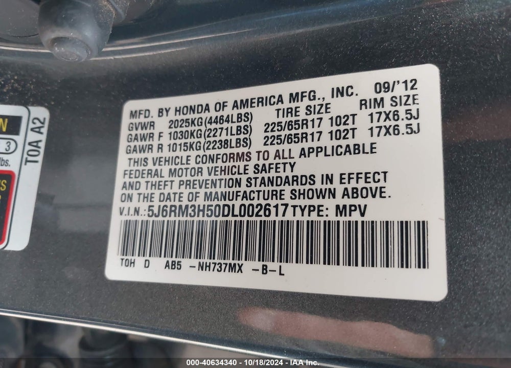 2013 HONDA CR-V EX VIN: 5J6RM3H50DL002617