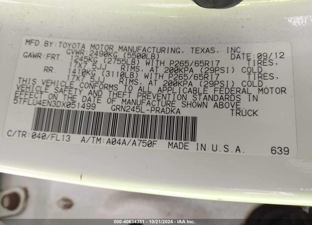 2013 TOYOTA TACOMA DOUBLE CAB VIN: 5TFLU4EN3DX051499