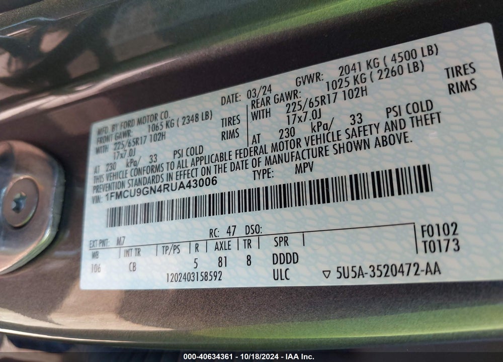 2024 FORD ESCAPE ACTIVE VIN: 1FMCU9GN4RUA43006