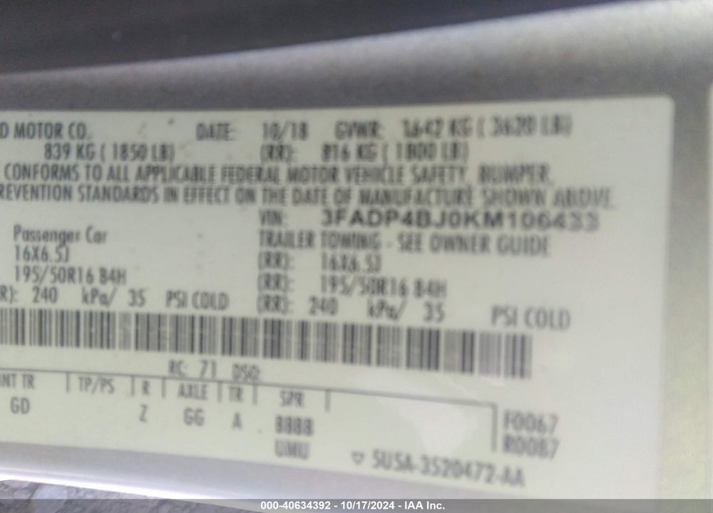 2019 FORD FIESTA SE VIN: 3FADP4BJ0KM106433