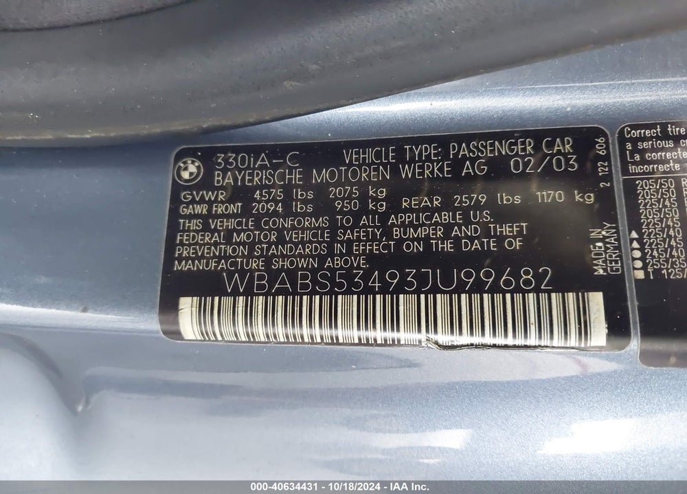 2003 BMW 330CI VIN: WBABS53493JU99682