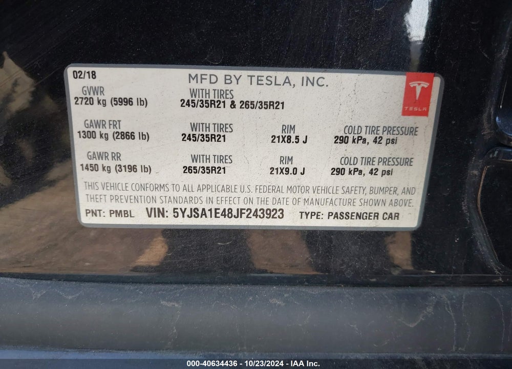 2018 TESLA MODEL S 100D/75D/P100D VIN: 5YJSA1E48JF243923
