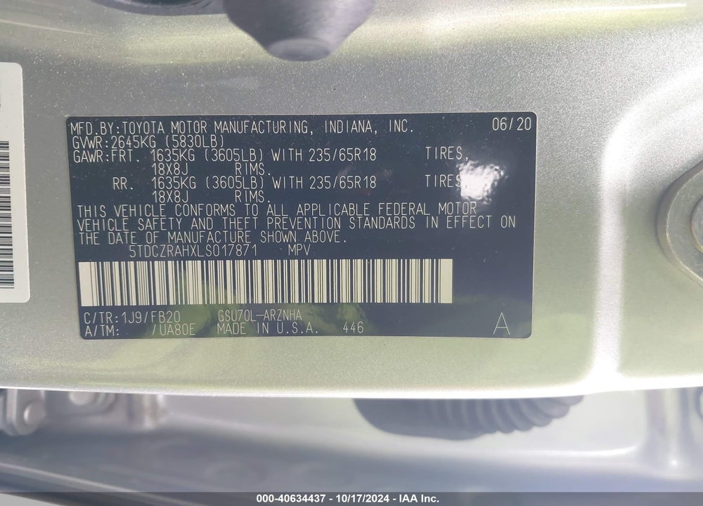 2020 TOYOTA HIGHLANDER L VIN: 5TDCZRAHXLS017871