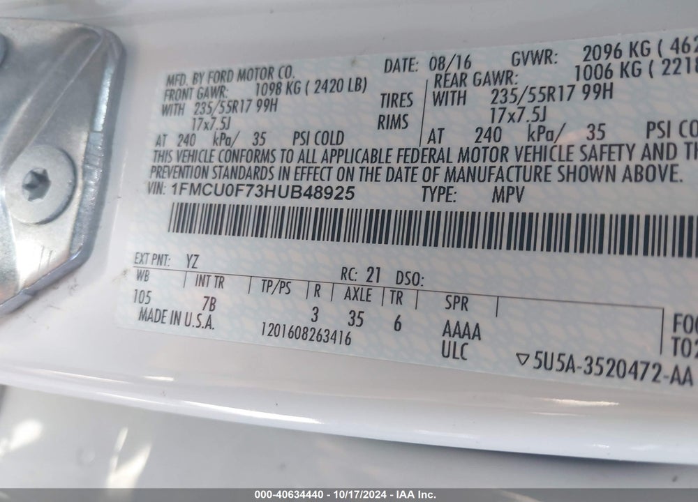 2017 FORD ESCAPE S VIN: 1FMCU0F73HUB48925