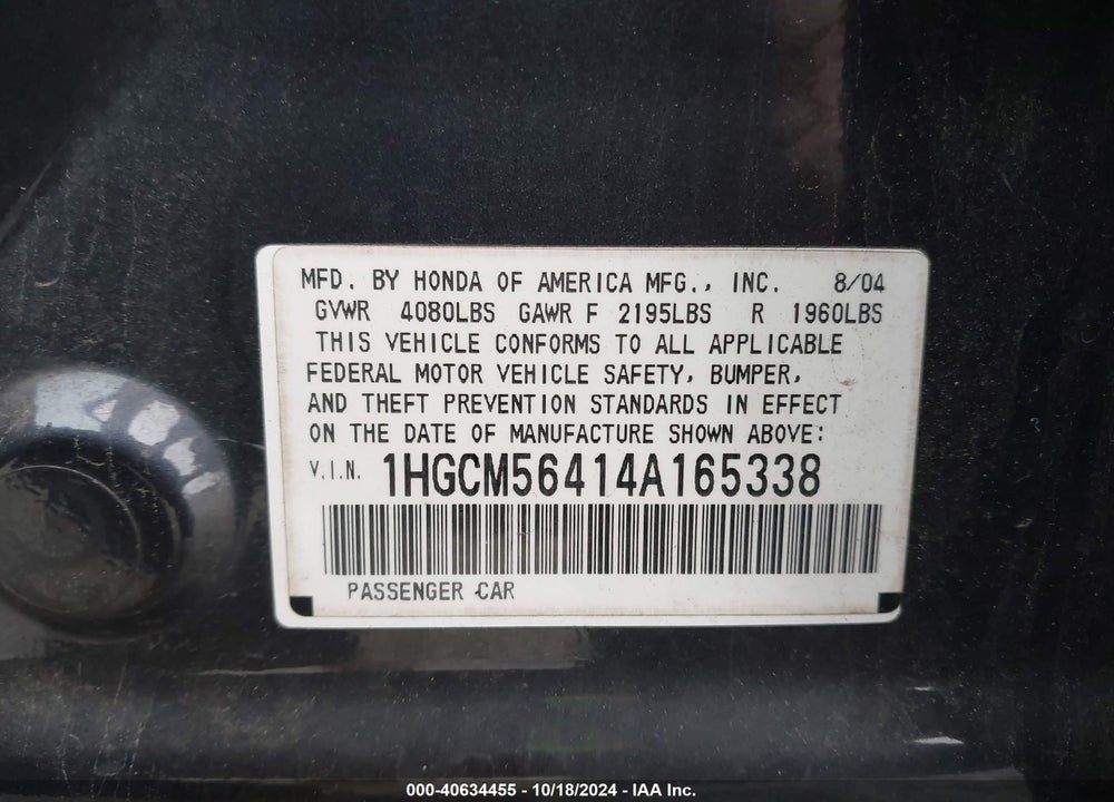 2004 HONDA ACCORD 2.4 LX VIN: 1HGCM56414A165338
