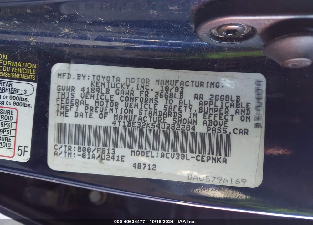 2004 TOYOTA CAMRY LE VIN: 4T1BE32K54U282284
