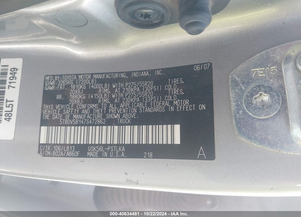 2007 TOYOTA TUNDRA LIMITED 5.7L V8 VIN: 5TBDV58147S472862