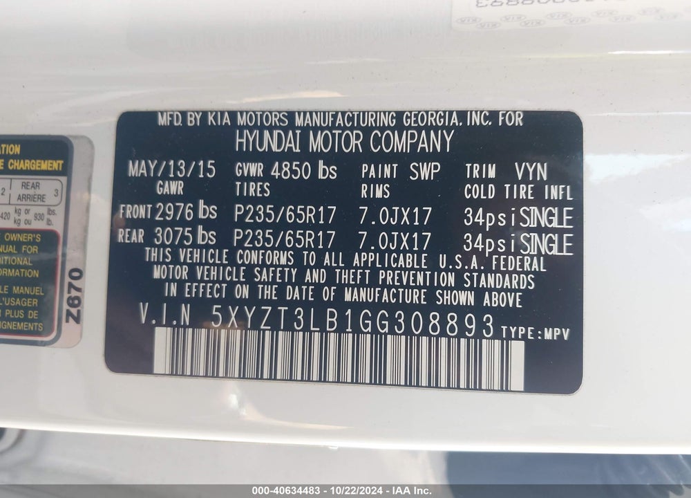 2016 HYUNDAI SANTA FE SPORT 2.4L VIN: 5XYZT3LB1GG308893
