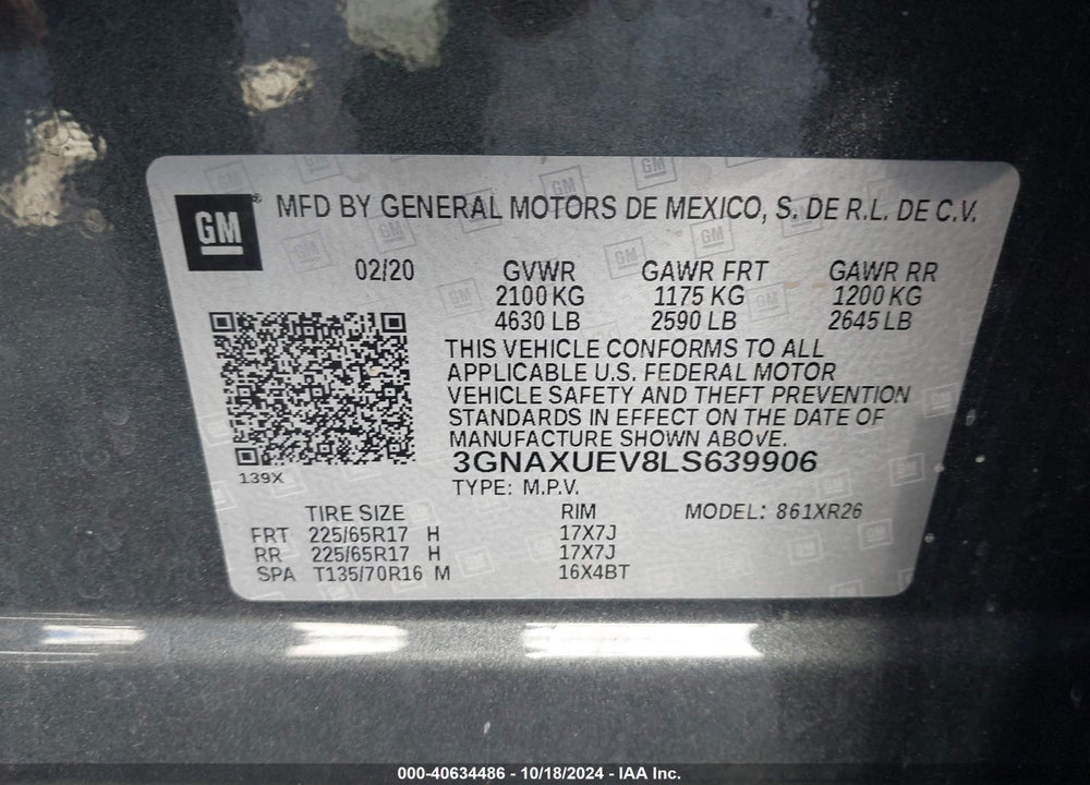 2020 CHEVROLET EQUINOX AWD LT 1.5L TURBO VIN: 3GNAXUEV8LS639906