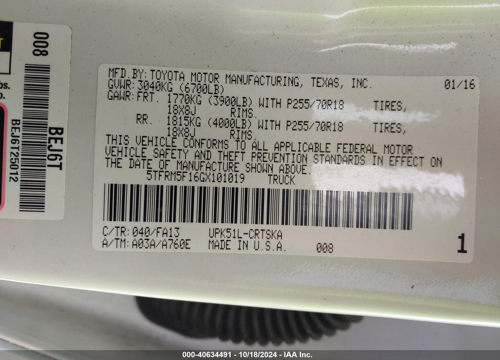 2016 TOYOTA TUNDRA SR 4.6L V8 VIN: 5TFRM5F16GX101019