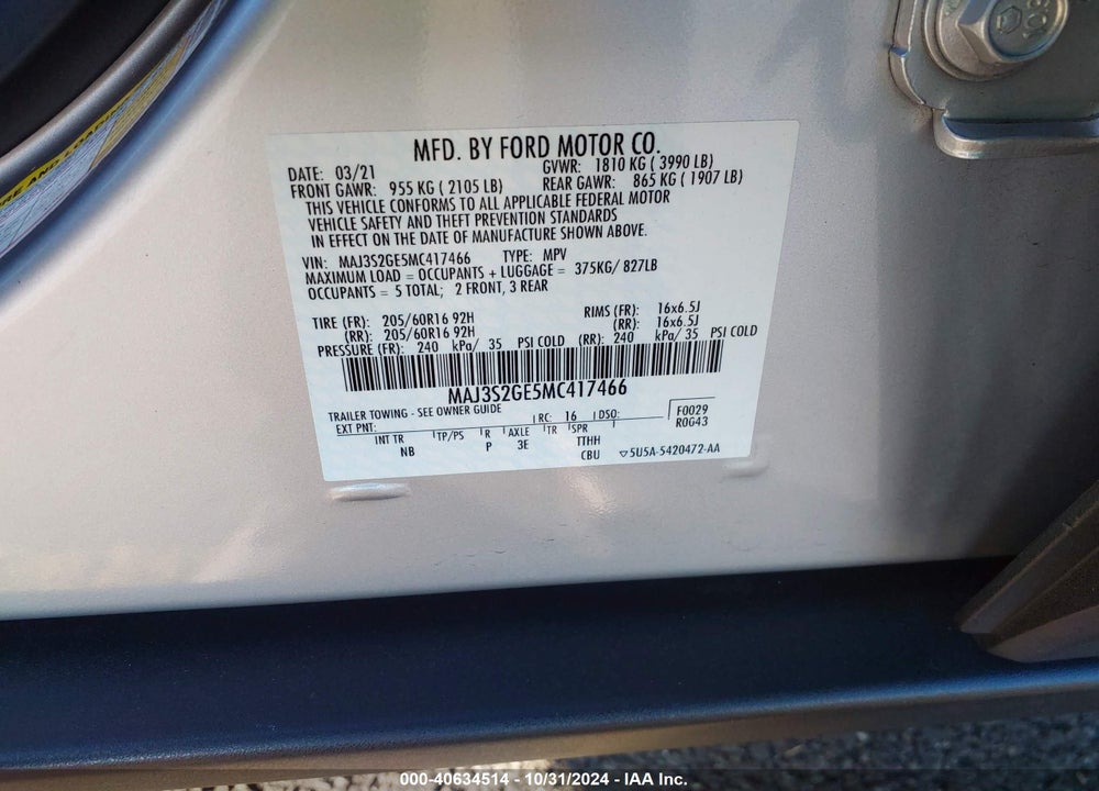 2021 FORD ECOSPORT SE VIN: MAJ3S2GE5MC417466