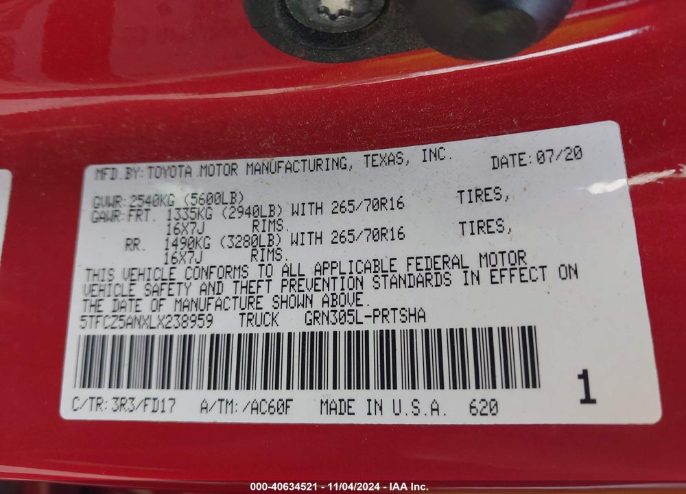 2020 TOYOTA TACOMA TRD OFF ROAD VIN: 5TFCZ5ANXLX238959
