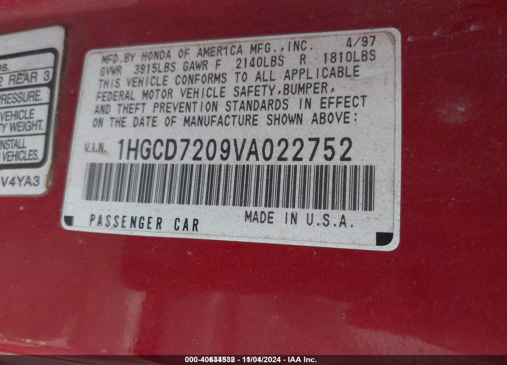 1997 HONDA ACCORD SE VIN: 1HGCD7209VA022752