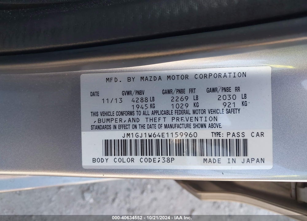 2014 MAZDA 6 I GRAND TOURING VIN: JM1GJ1W64E1159960