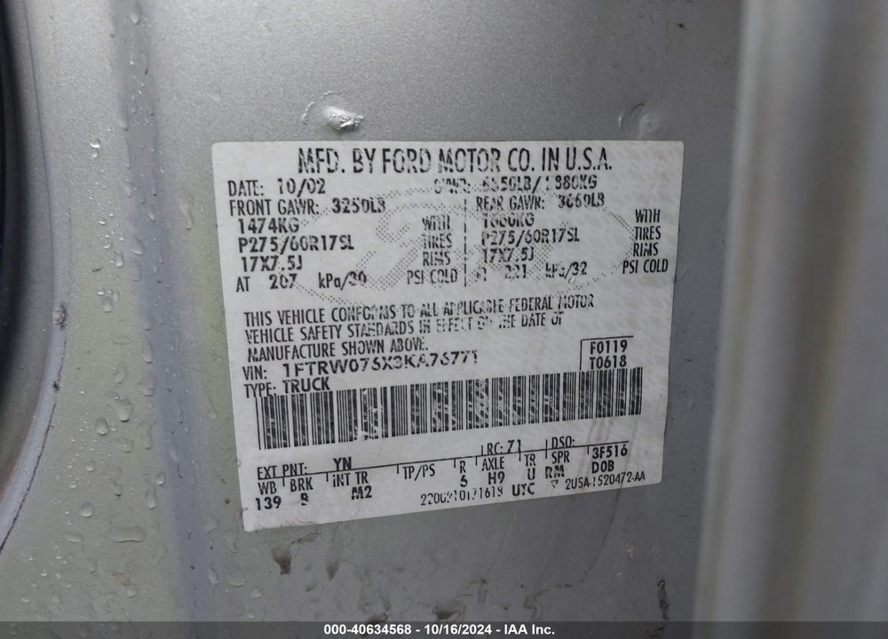 2003 FORD F-150 LARIAT/XLT VIN: 1FTRW076X3KA76771