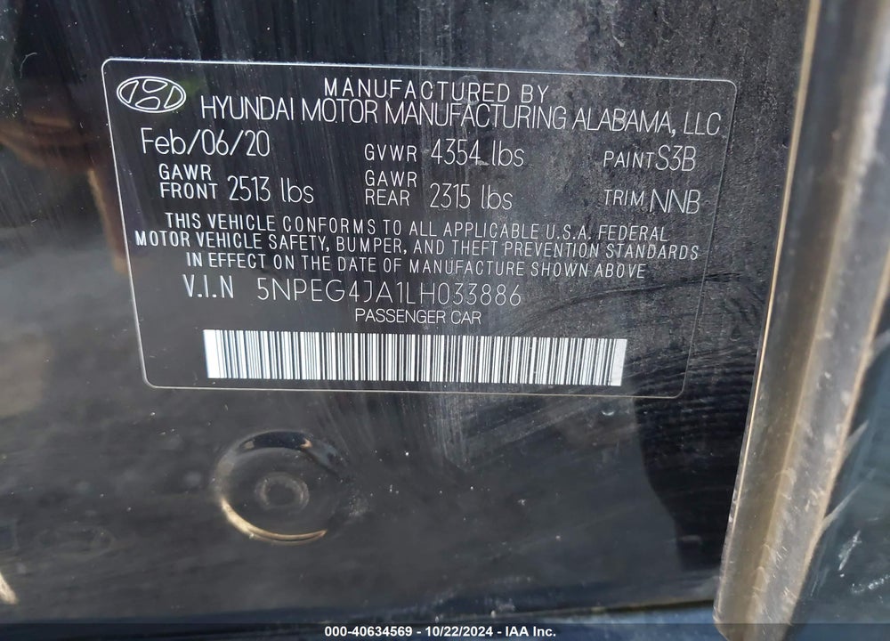 2020 HYUNDAI SONATA SE VIN: 5NPEG4JA1LH033886