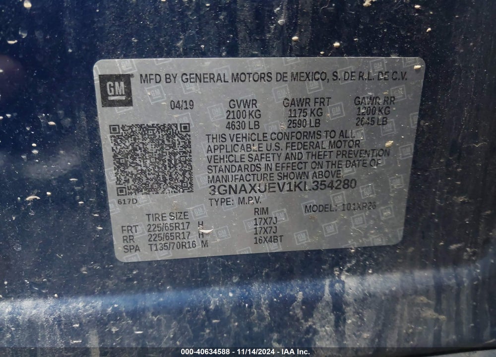 2019 CHEVROLET EQUINOX LT VIN: 3GNAXUEV1KL354280