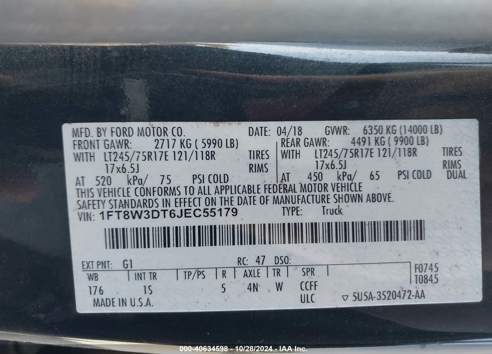 2018 FORD F-350 XL VIN: 1FT8W3DT6JEC55179