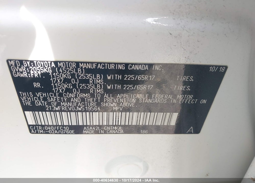 2018 TOYOTA RAV4 ADVENTURE/XLE VIN: 2T3WFREV0JW519564