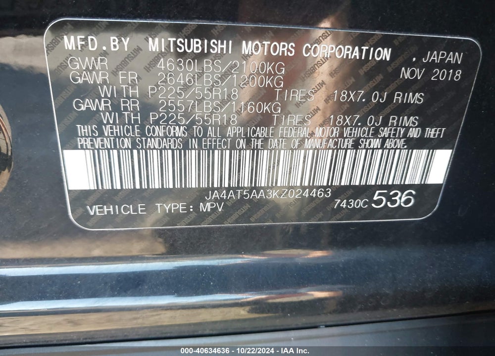 2019 MITSUBISHI ECLIPSE CROSS SEL VIN: JA4AT5AA3KZ024463