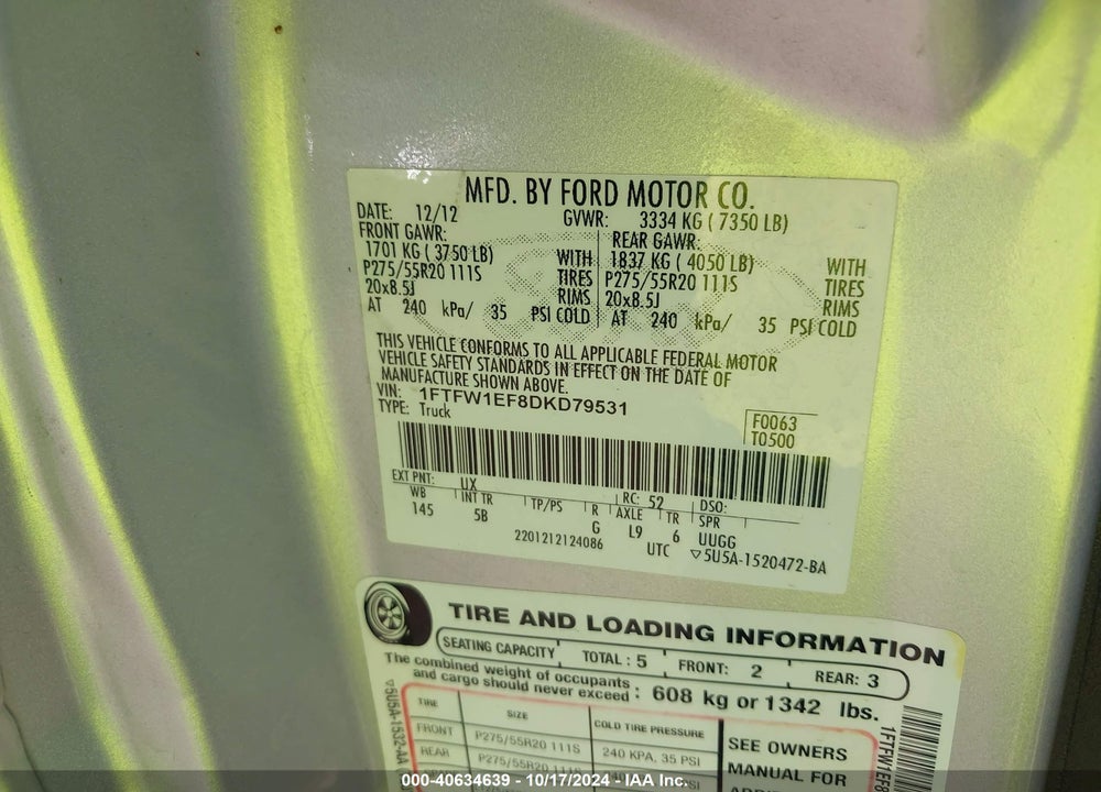 2013 FORD F-150 FX4 VIN: 1FTFW1EF8DKD79531