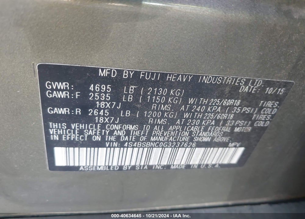 2016 SUBARU OUTBACK 2.5I LIMITED VIN: 4S4BSBNC0G3237626