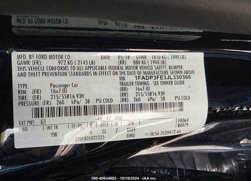 2018 FORD FOCUS SE VIN: 1FADP3FE3JL330366