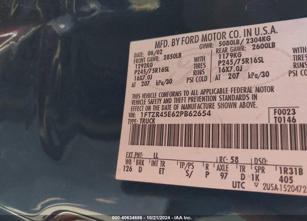 2002 FORD RANGER EDGE/XLT VIN: 1FTZR45E62PB62654