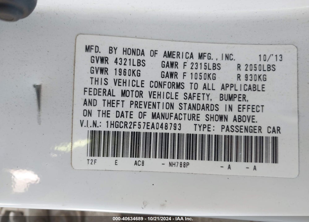2014 HONDA ACCORD SPORT VIN: 1HGCR2F57EA048793