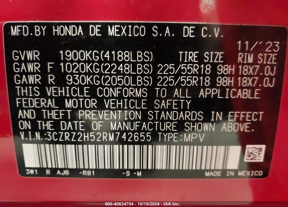 2024 HONDA HR-V AWD SPORT/AWD SPORT W/O BSI VIN: 3CZRZ2H52RM742655