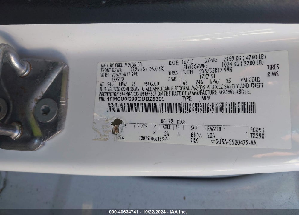 2016 FORD ESCAPE SE VIN: 1FMCU0G99GUB25390
