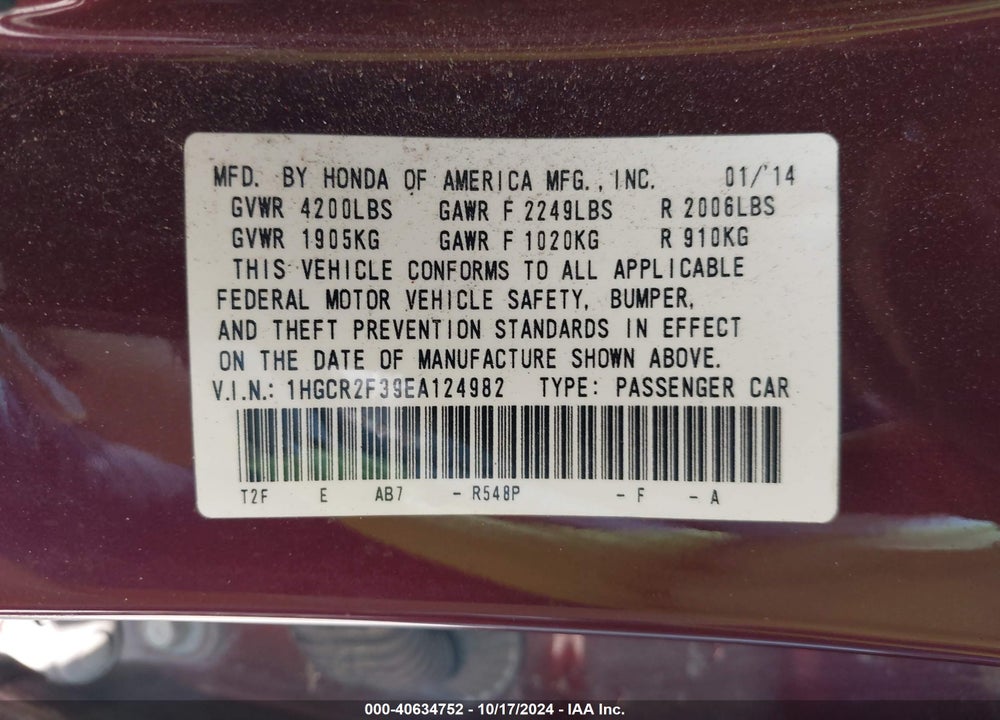 2014 HONDA ACCORD LX VIN: 1HGCR2F39EA124982