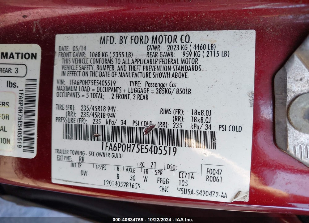 2014 FORD FUSION SE VIN: 1FA6P0H75E5405519