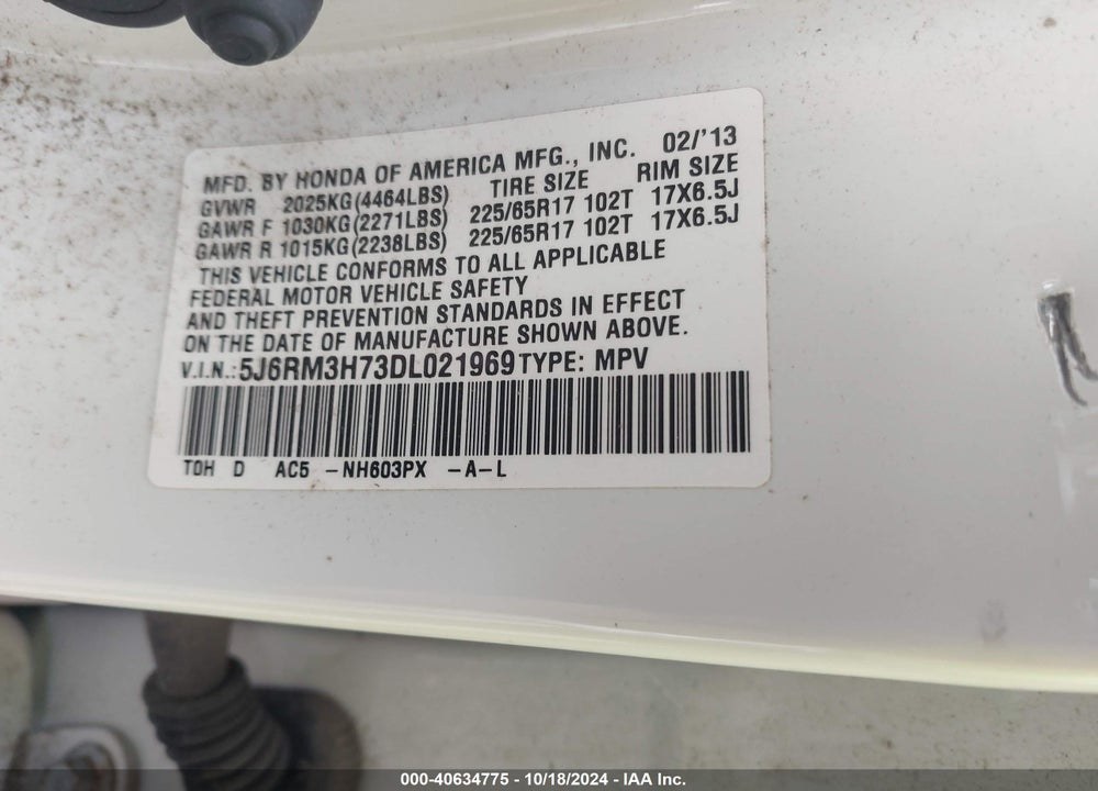 2013 HONDA CR-V EX-L VIN: 5J6RM3H73DL021969