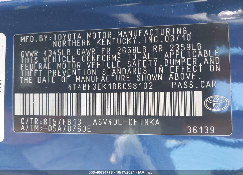 2011 TOYOTA CAMRY LE VIN: 4T4BF3EK1BR098102