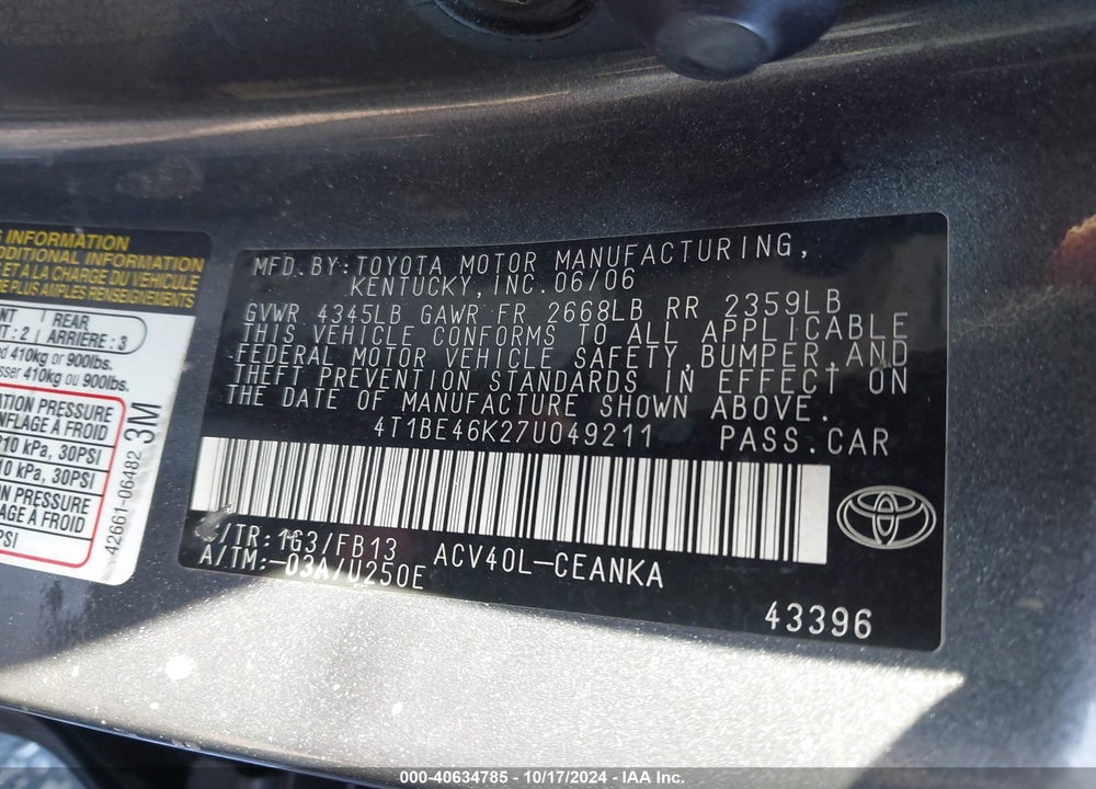 2007 TOYOTA CAMRY LE VIN: 4T1BE46K27U049211