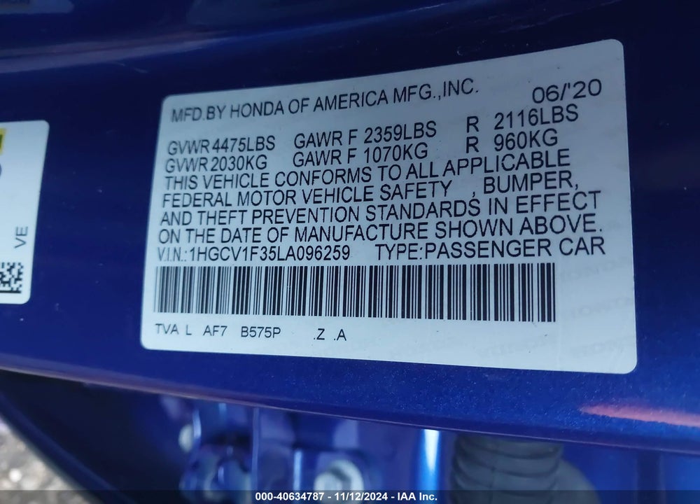 2020 HONDA ACCORD SPORT VIN: 1HGCV1F35LA096259