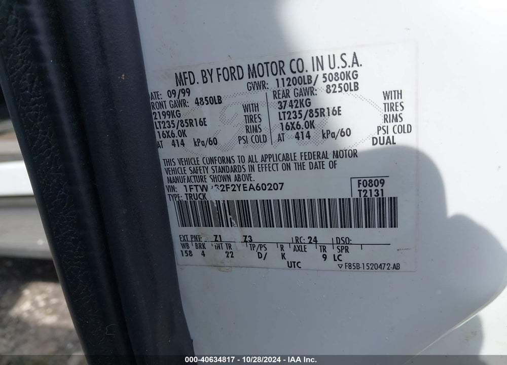 2000 FORD F-350 LARIAT/XL/XLT VIN: 1FTWX32F2YEA60207