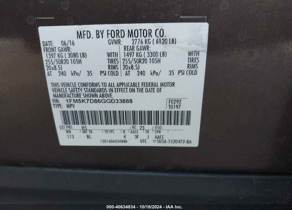 2016 FORD EXPLORER XLT VIN: 1FM5K7D86GGD33888