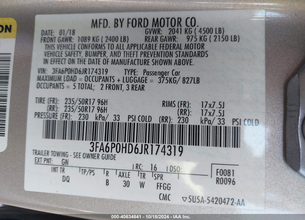 2018 FORD FUSION SE VIN: 3FA6P0HD6JR174319