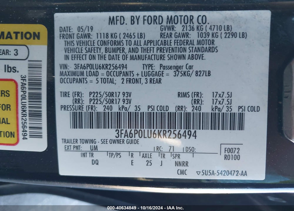 2019 FORD FUSION HYBRID SE VIN: 3FA6P0LU6KR256494