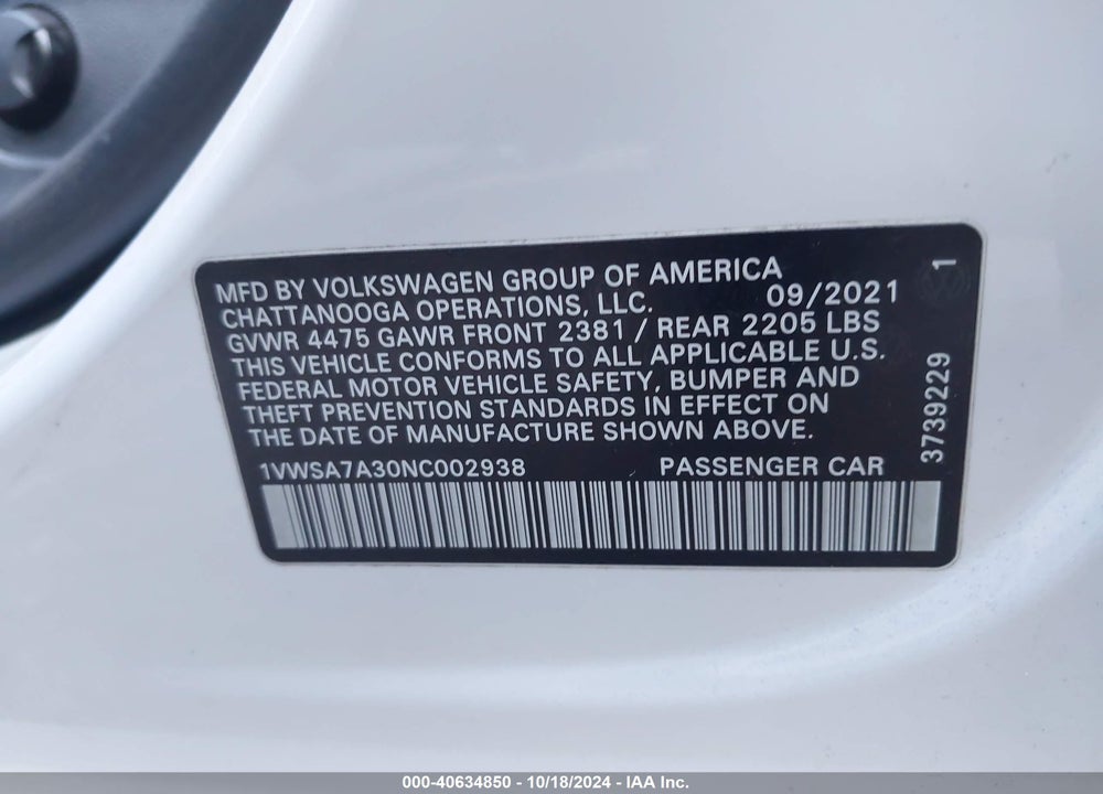2022 VOLKSWAGEN PASSAT 2.0T SE VIN: 1VWSA7A30NC002938